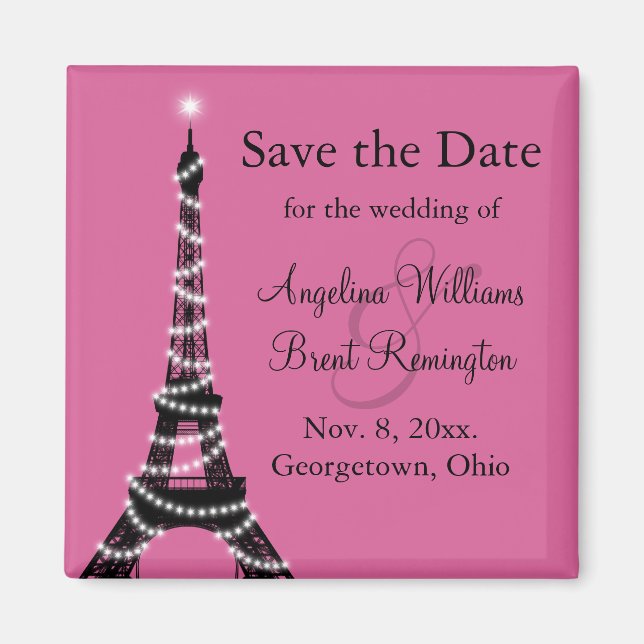 Eiffel Tower Sparkles Save the Date  (fuchsia) Magnet (Front)
