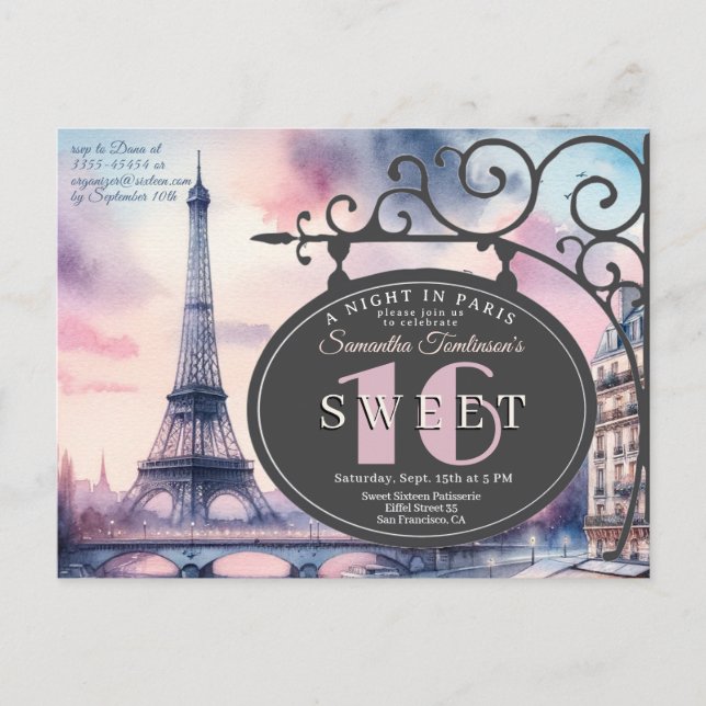 Eiffel Tower Sweet 16 Birthday Invitation Postcard (Devant)