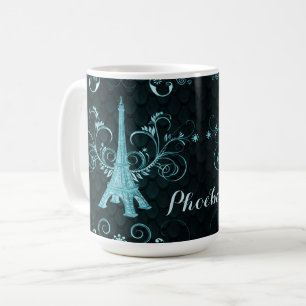 Eiffel Tower Teal Floral Swirls Coffee Mug