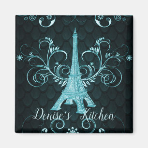 Eiffel Tower Teal Floral Swirls Magnet