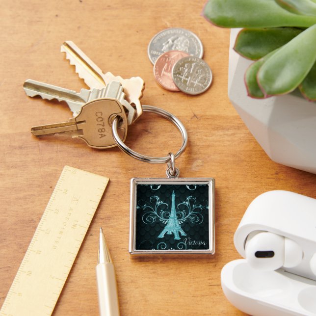 Eiffel Tower Teal Floral Swirls Square Keychain (Desk)