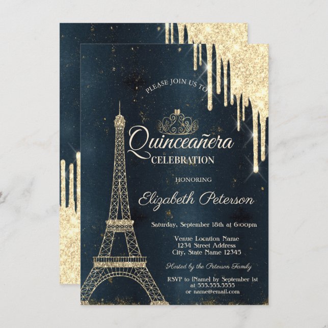 Eiffel Tower,Tiara,Drips Dark Blue Quinceañera Invitation (Front/Back)