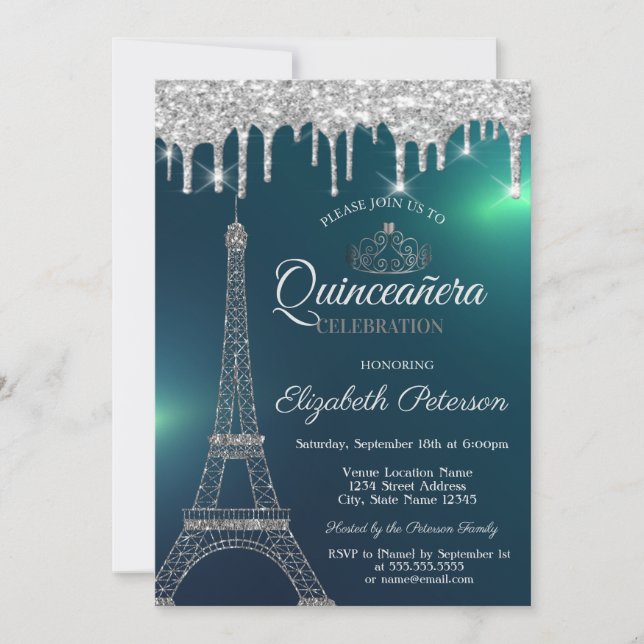 Eiffel Tower,Tiara,Drips Green Quinceañera Invitation (Front)