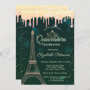Eiffel Tower,Tiara,Drips Green Quinceañera  Invitation