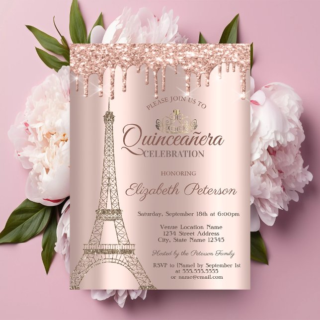 Eiffel Tower,Tiara,Drips Rose Gold Quinceañera Inv Invitation (Creator Uploaded)