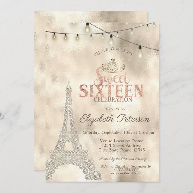  Eiffel Tower,Tiara Gold Lights Sweet 16 Invitation (Front/Back)