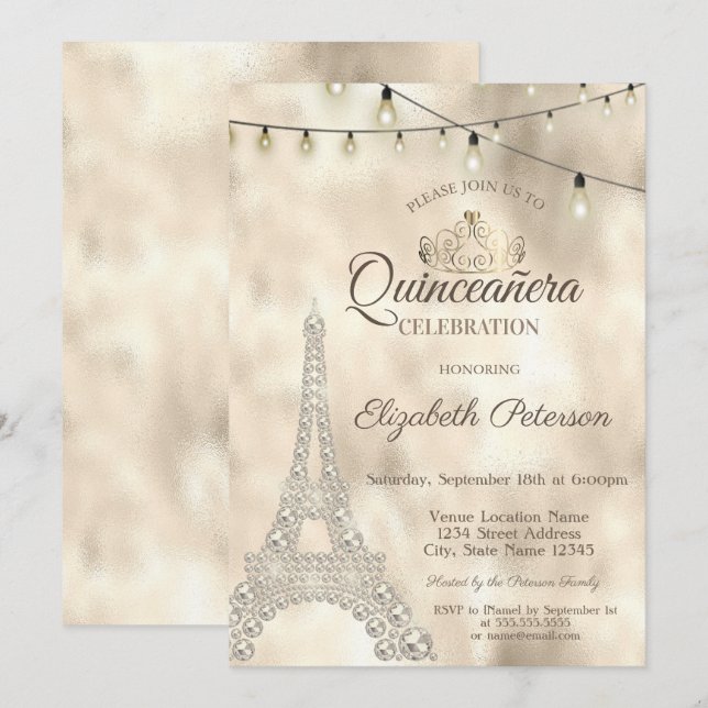  Eiffel Tower,Tiara Gold Quinceañera Invitation (Front/Back)
