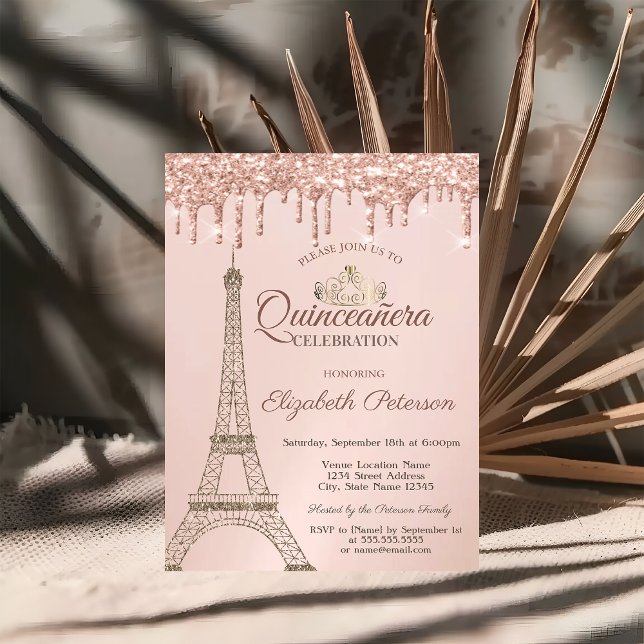 Eiffel Tower,Tiara, Rose Gold Drips Quinceañera Invitation (Creator Uploaded)