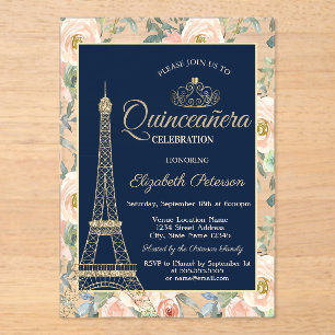 Eiffel Tower,Tiara,Roses Navy Blue Quinceañera  Acrylic Invitations