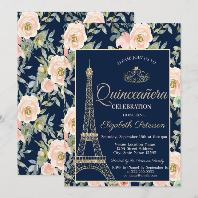 Eiffel Tower,Tiara,Roses Navy Blue Quinceañera  Invitation (Front/Back)
