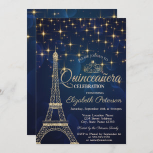 Eiffel Tower,Tiara,Stars Navy Blue Quinceañera Invitation
