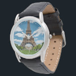 Eiffel Tower View from Champ de Mars Public Park Watch<br><div class="desc">Paris France Eiffel Tower seen from Champ de Mars park with green lawn and visitors under sunny sky</div>