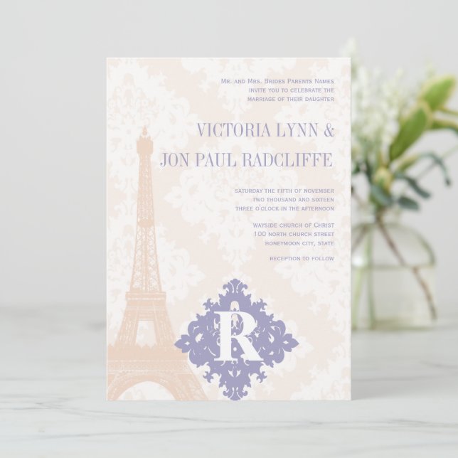 Eiffel Tower Vintage Damask Silver Peony Lavender Invitation (Standing Front)