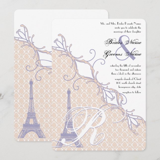 Eiffel Tower Vintage Damask Silver Peony Lavender Invitation (Front/Back)