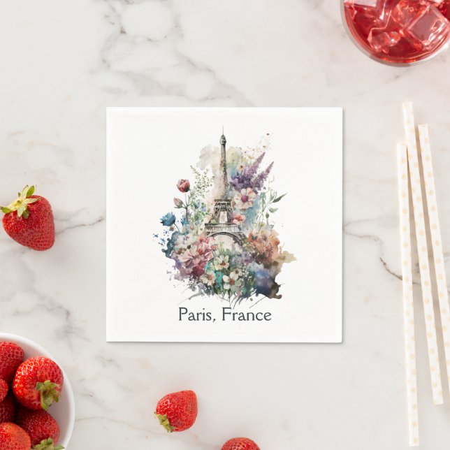 Eiffel Tower Watercolor Florals Paris France Napkin (Insitu)