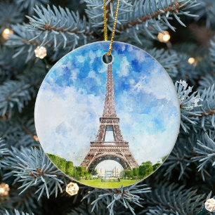 Eiffel Tower Watercolor Paris Skyline Art Print Ceramic Ornament