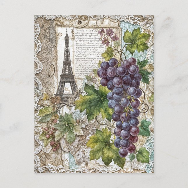 Eiffel Tower with vintage Grapes Holiday Postcard (Front)