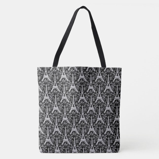Eiffel Towers and Flowers Black Tote Bag (Front)
