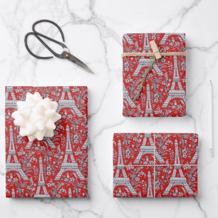 Eiffel Towers and Flowers Red Wrapping Paper Sheet