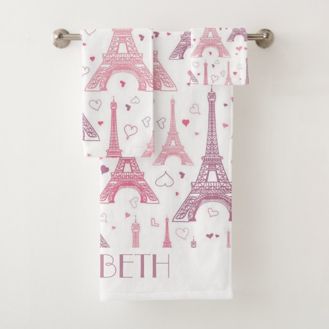 Eiffel Towers and hearts personalized Bath Towel Set (Insitu)