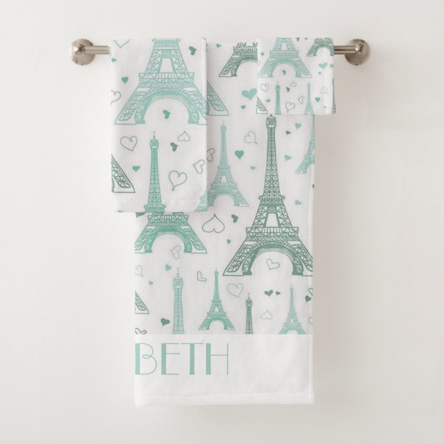 Eiffel Towers and hearts personalized Bath Towel Set (Insitu)