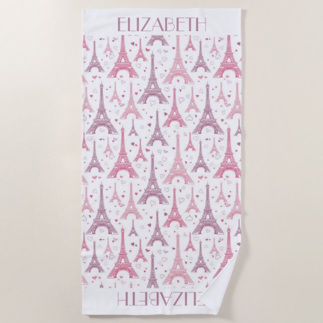 Eiffel Towers and hearts personalized Beach Towel (Front)