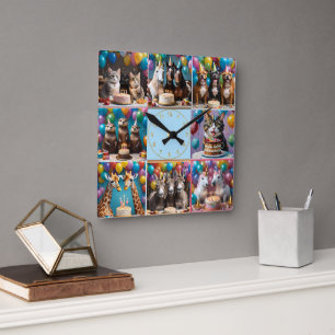 Eight Birthday Party Animals Photo Collage, Square Wall Clock