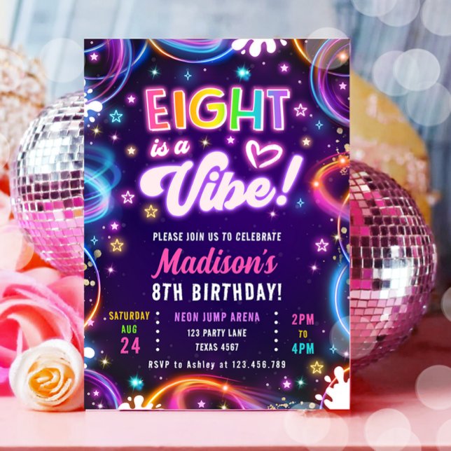 Eight is a Vibe 8th Retro Neon Glow Girl Birthday Invitation (Creator Uploaded)