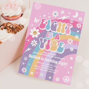 Eight Is A Vibe Groovy Hippie Rainbow 8th Birthday Invitation