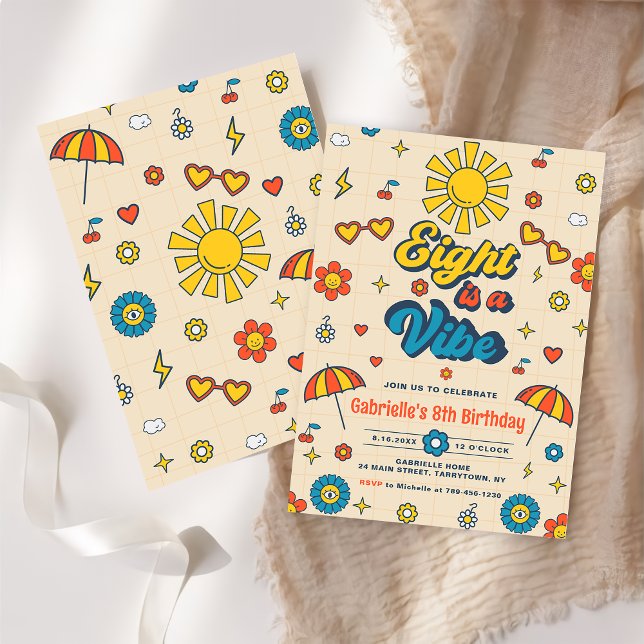 Eight is a Vibe Groovy Retro Daisy 8th Birthday Invitation (Creator Uploaded)
