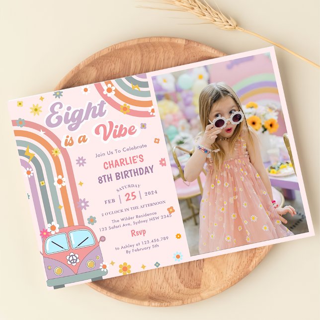 Eight Is A Vibe Groovy Retro Daisy Birthday Photo  Invitation (Creator Uploaded)