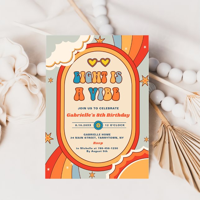 Eight Is A Vibe Groovy Retro Rainbow 8th Birthday  Invitation (Creator Uploaded)