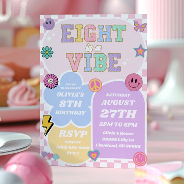Eight Is A Vibe Preppy Patch 8th Birthday Party Invitation (Creator Uploaded)