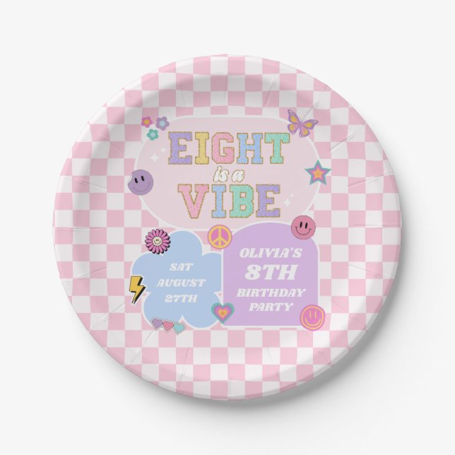 Eight Is A Vibe Preppy Patch 8th Birthday Party Paper Plate (Front)