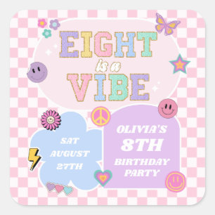 Eight Is A Vibe Preppy Patch 8th Birthday Party Square Sticker