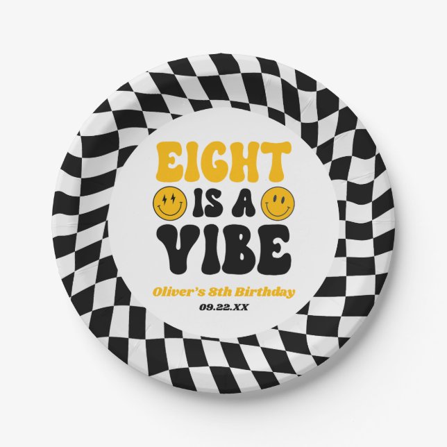 Eight Is A Vibe Retro Eighth 8th Birthday Party Paper Plate (Front)