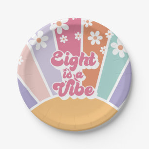 Eight is a Vibe Retro Sunshine Rainbow Daisy Paper Plate