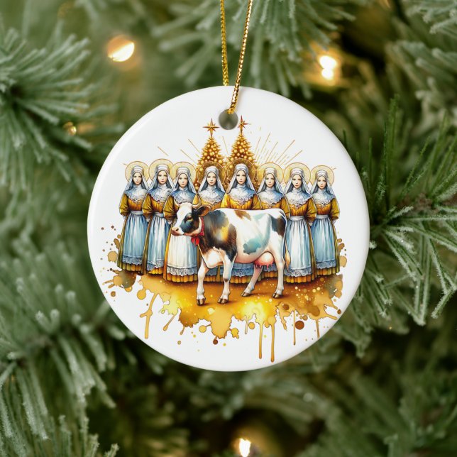 Eight Maids a Milking | Twelve Days of Christmas Ceramic Ornament (Tree)