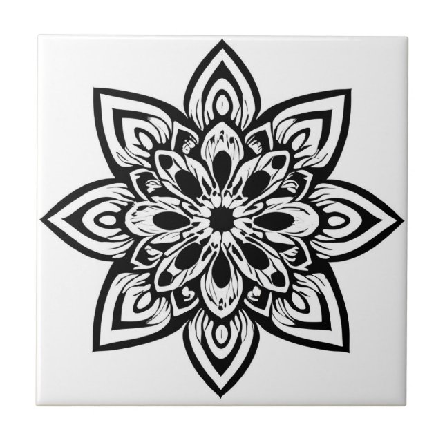Eight Point Black and White Star Flower Mandala Tile (Front)