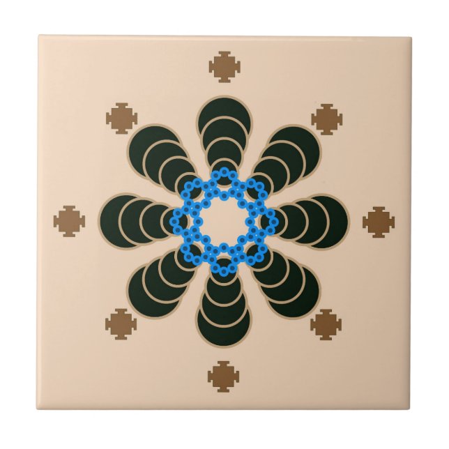 Eight point Mandala, Chocolate, Tan, Beige & Blue Tile (Front)