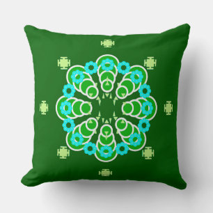 Eight point Mandala, Dark Jade Green and Aqua Throw Pillow