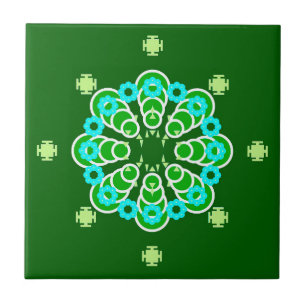 Eight point Mandala, Dark Jade Green and Aqua Tile