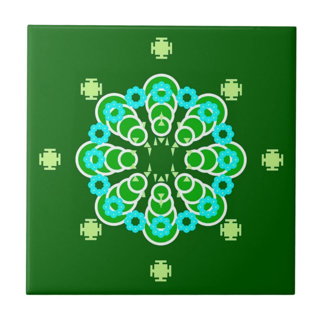 Eight point Mandala, Dark Jade Green and Aqua Tile (Front)