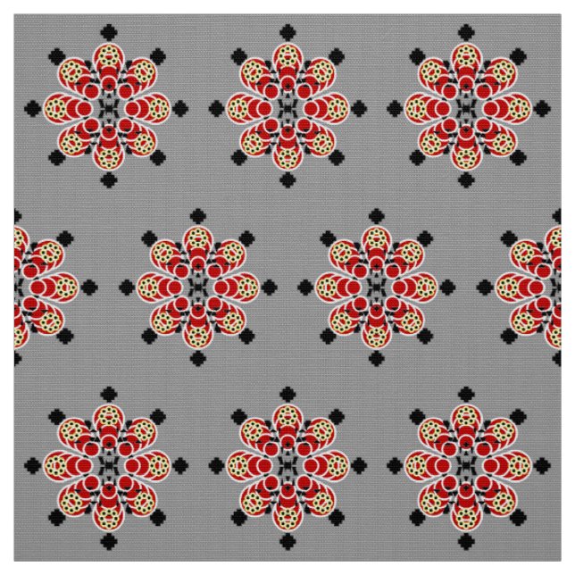 Eight point Mandala, Red, Black and Grey / Grey Fabric (Swatch)