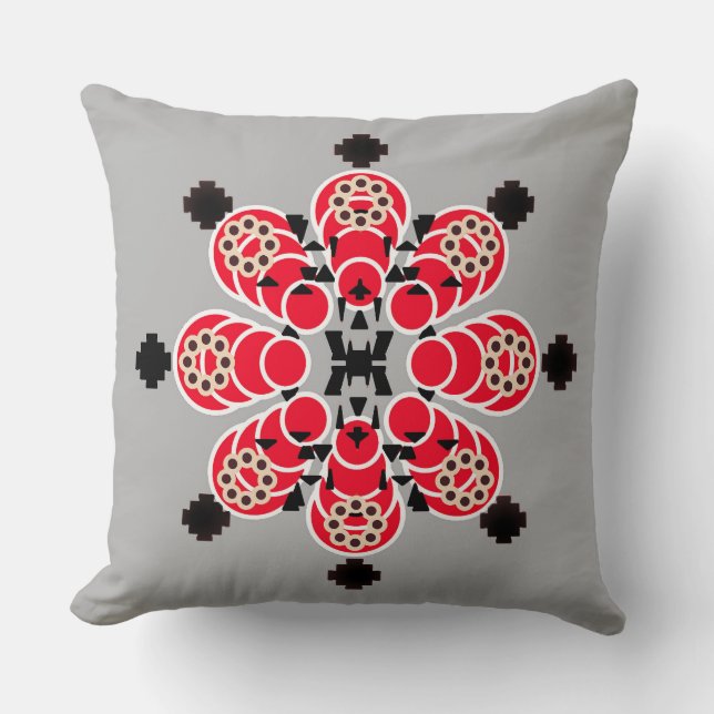 Eight point Mandala - red, grey and black Throw Pillow (Front)