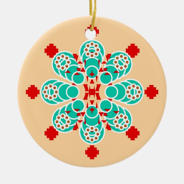 Eight point Mandala - turquoise and peach Ceramic Ornament (Front)