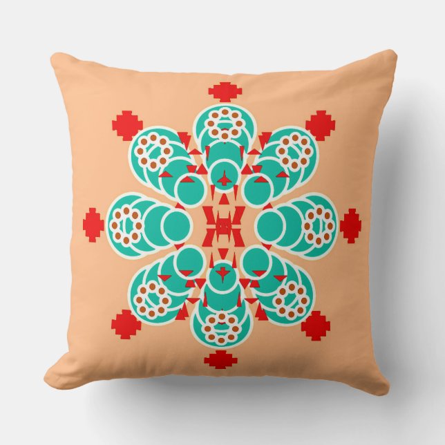 Eight point Mandala - turquoise and peach Throw Pillow (Front)