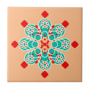 Eight point Mandala, Turquoise and Peach Tile