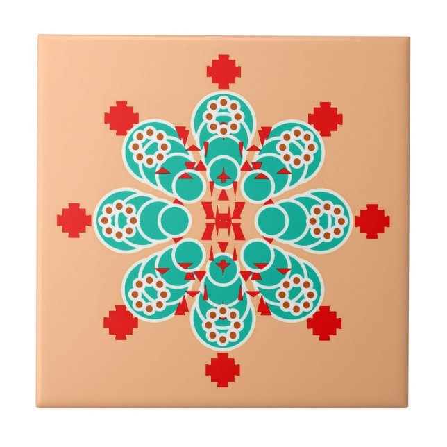 Eight point Mandala, Turquoise and Peach Tile (Front)