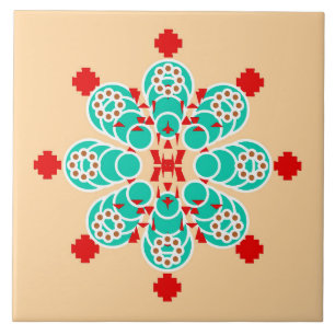 Eight point Mandala - turquoise and peach Tile